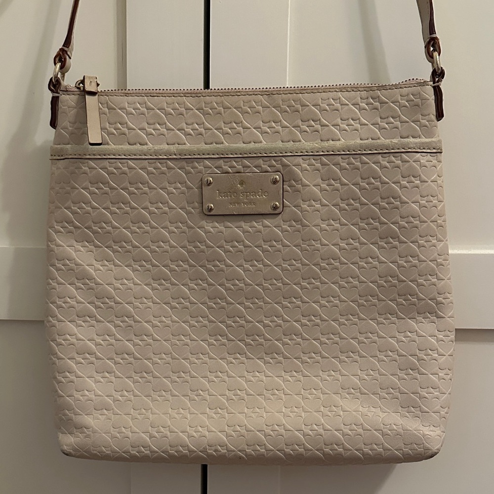 Kate Spade Cream Embossed Logo Large Crossbody Tote Minimalist Staple Bag